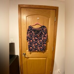 Deb Plus Size 3X Blue & Pink Floral Poncho Blouse with Lace Back Detail